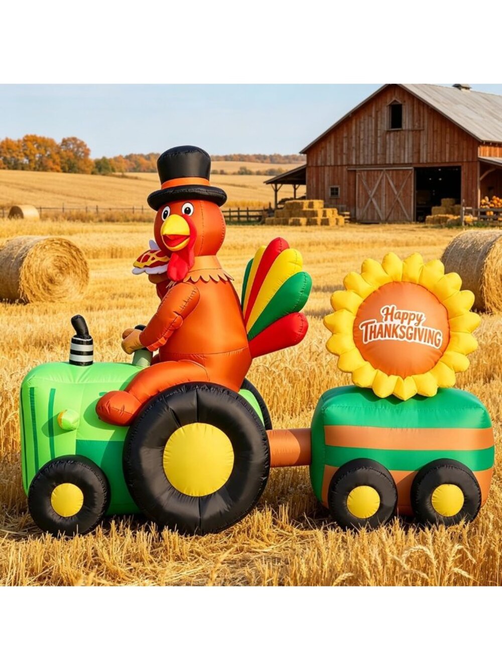 6FT Thanksgiving Inflatable Tractor with Turkey & Sunflower Sign, LED Yard Decor
